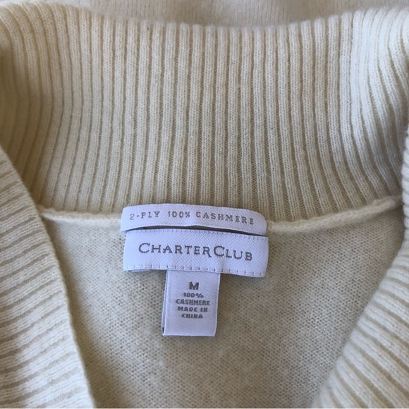Charter Club 2-PLY Cashmere Shawl Neck Long Sleeve Light Ivory Top M - Picture 9 of 11